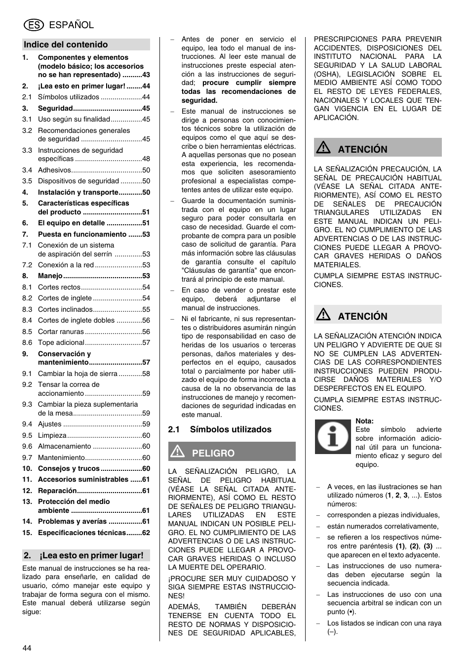 Español, Peligro, Atención | Elektra Beckum KGS 303 User Manual | Page 44 / 64