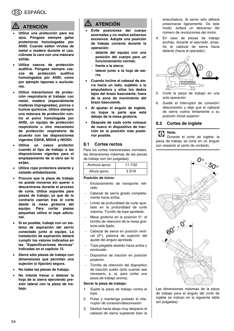 Español, Atención | Elektra Beckum KGS 303 User Manual | Page 54 / 64