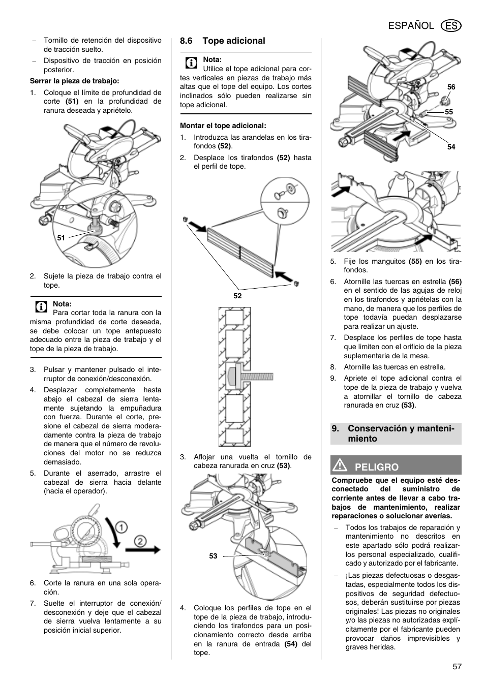 Español, Peligro | Elektra Beckum KGS 303 User Manual | Page 57 / 64