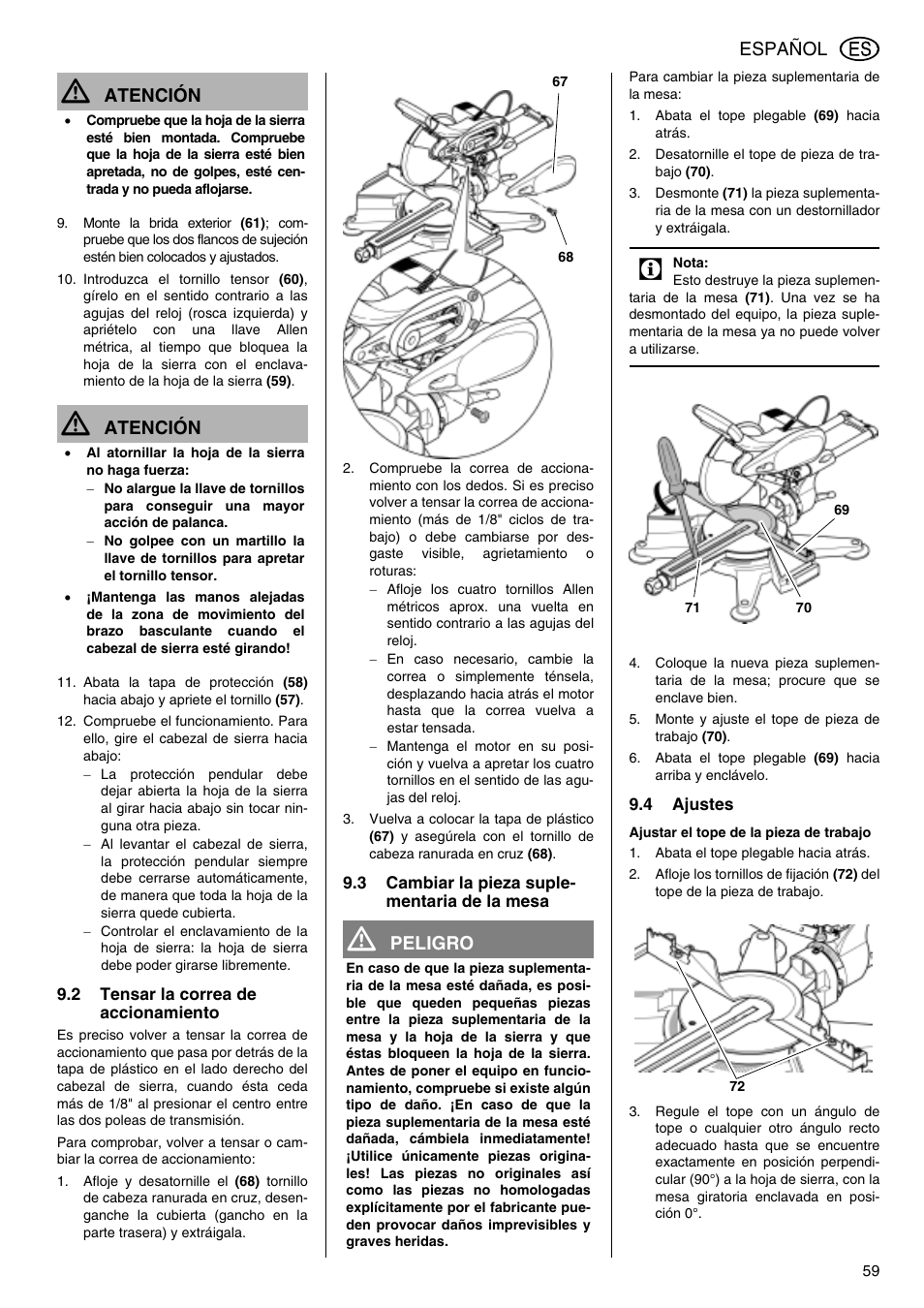 Español, Atención, Peligro | Elektra Beckum KGS 303 User Manual | Page 59 / 64