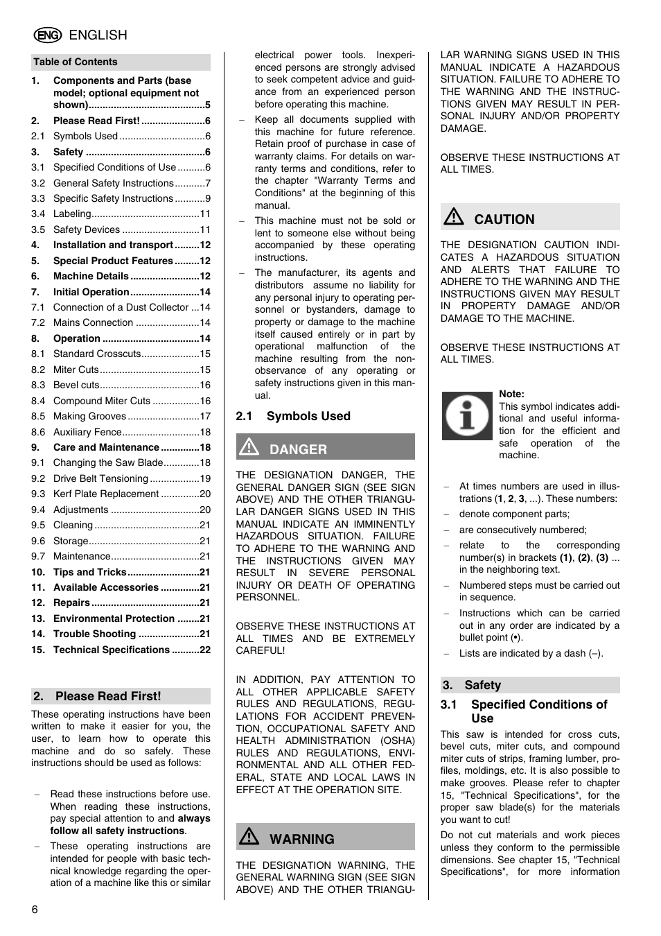 English, Danger, Warning | Caution | Elektra Beckum KGS 303 User Manual | Page 6 / 64