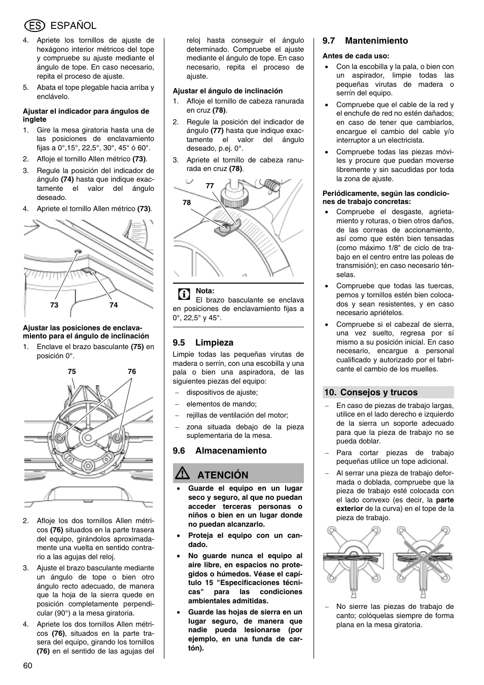 Español, Atención | Elektra Beckum KGS 303 User Manual | Page 60 / 64