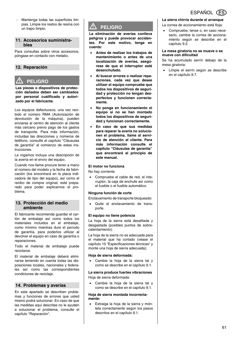 Español, Peligro | Elektra Beckum KGS 303 User Manual | Page 61 / 64