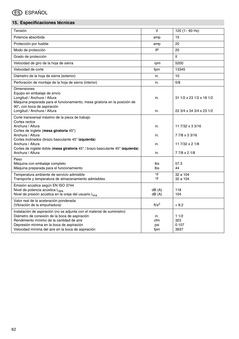 Español | Elektra Beckum KGS 303 User Manual | Page 62 / 64