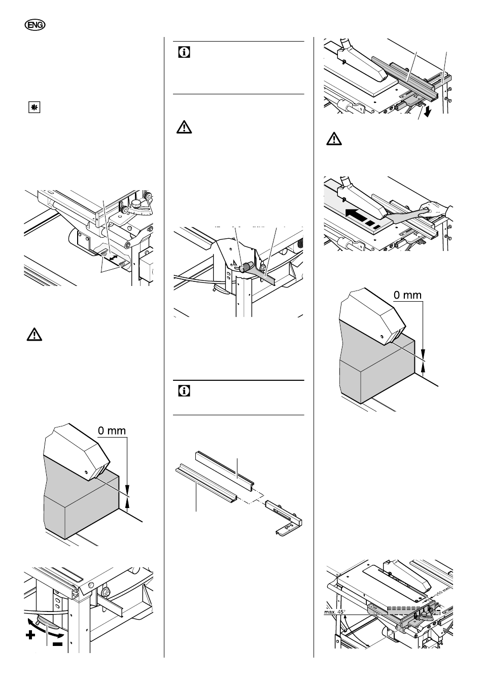 2 setting the depth of cut, 3 setting the saw blade tilt, 4 sawing with the rip fence | 5 sawing with the mitre fence, English | Elektra Beckum TKHS 315 P User Manual | Page 10 / 15