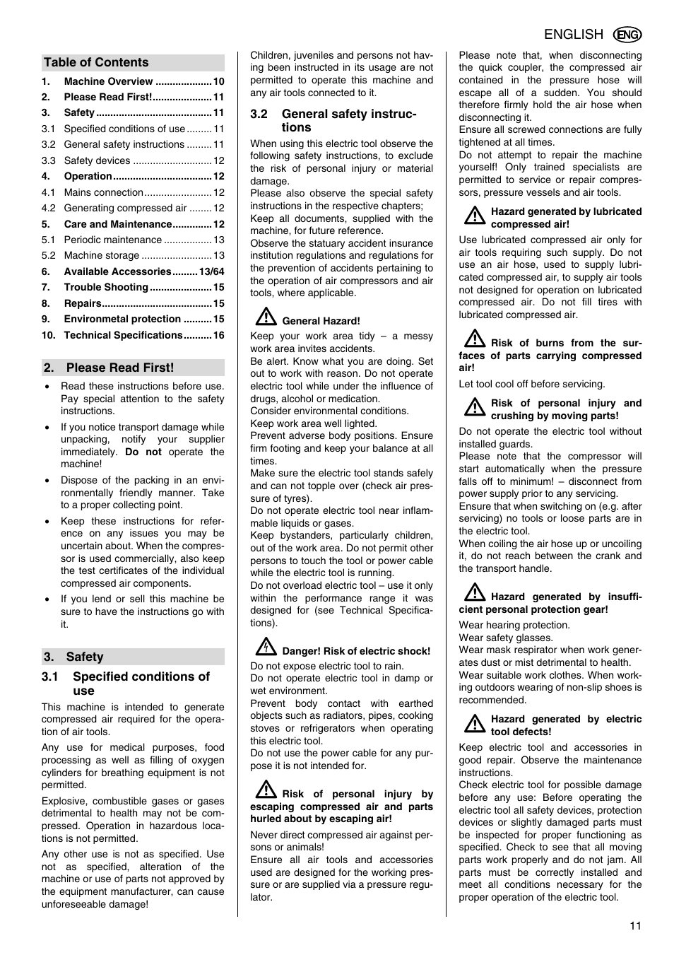 Please read first, Safety, 1 specified conditions of use | 2 general safety instructions | Elektra Beckum Mega 500 D User Manual | Page 4 / 10