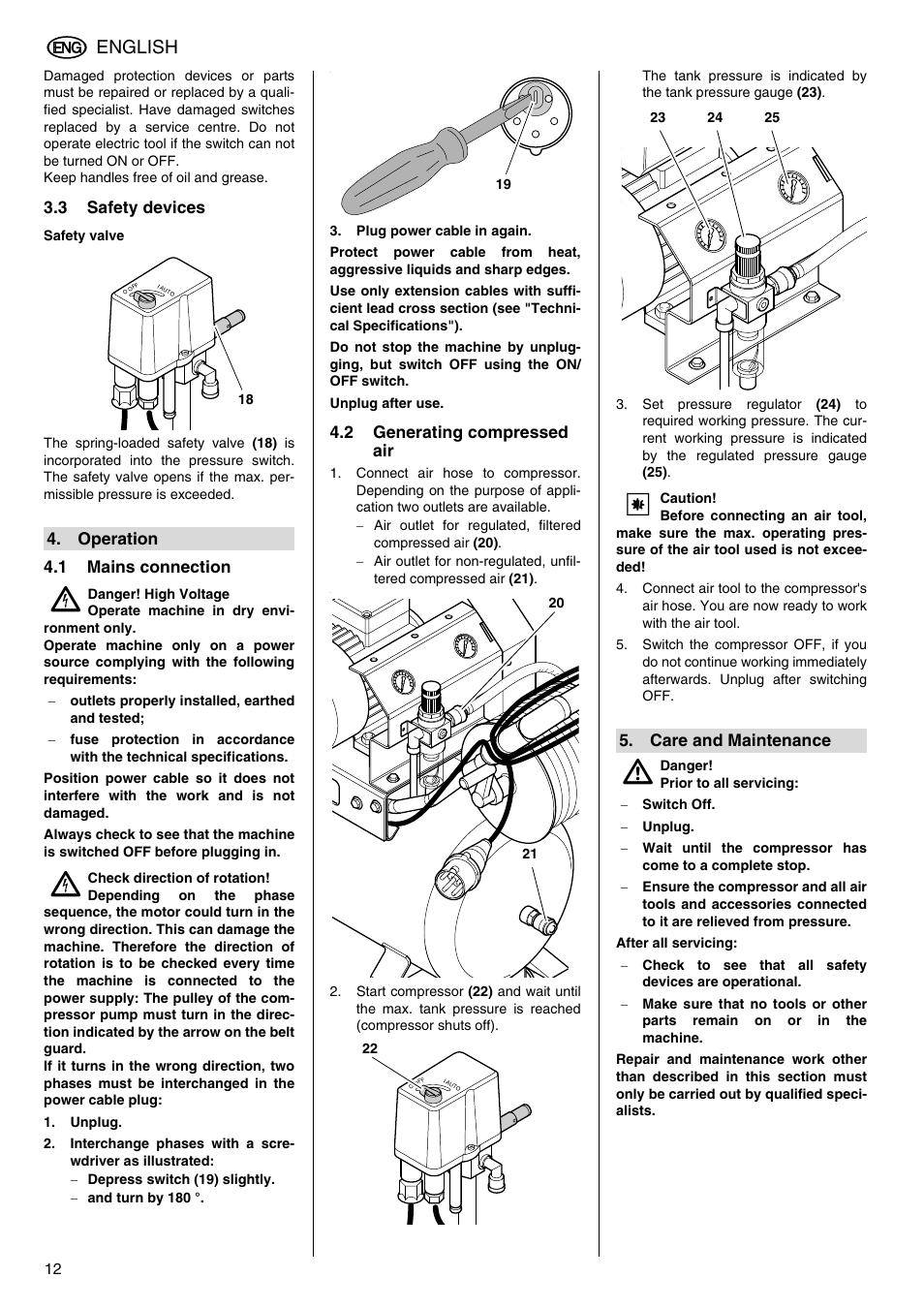 3 safety devices, Safety valve, Operation | 1 mains connection, 2 generating compressed air, Care and maintenance, English | Elektra Beckum Mega 500 D User Manual | Page 5 / 10