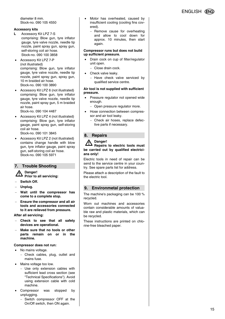 Accessory kits, Trouble shooting, Compressor does not run | Air tool is not supplied with sufficient pressure, Repairs, Environmetal protection, English | Elektra Beckum Mega 500 D User Manual | Page 8 / 10