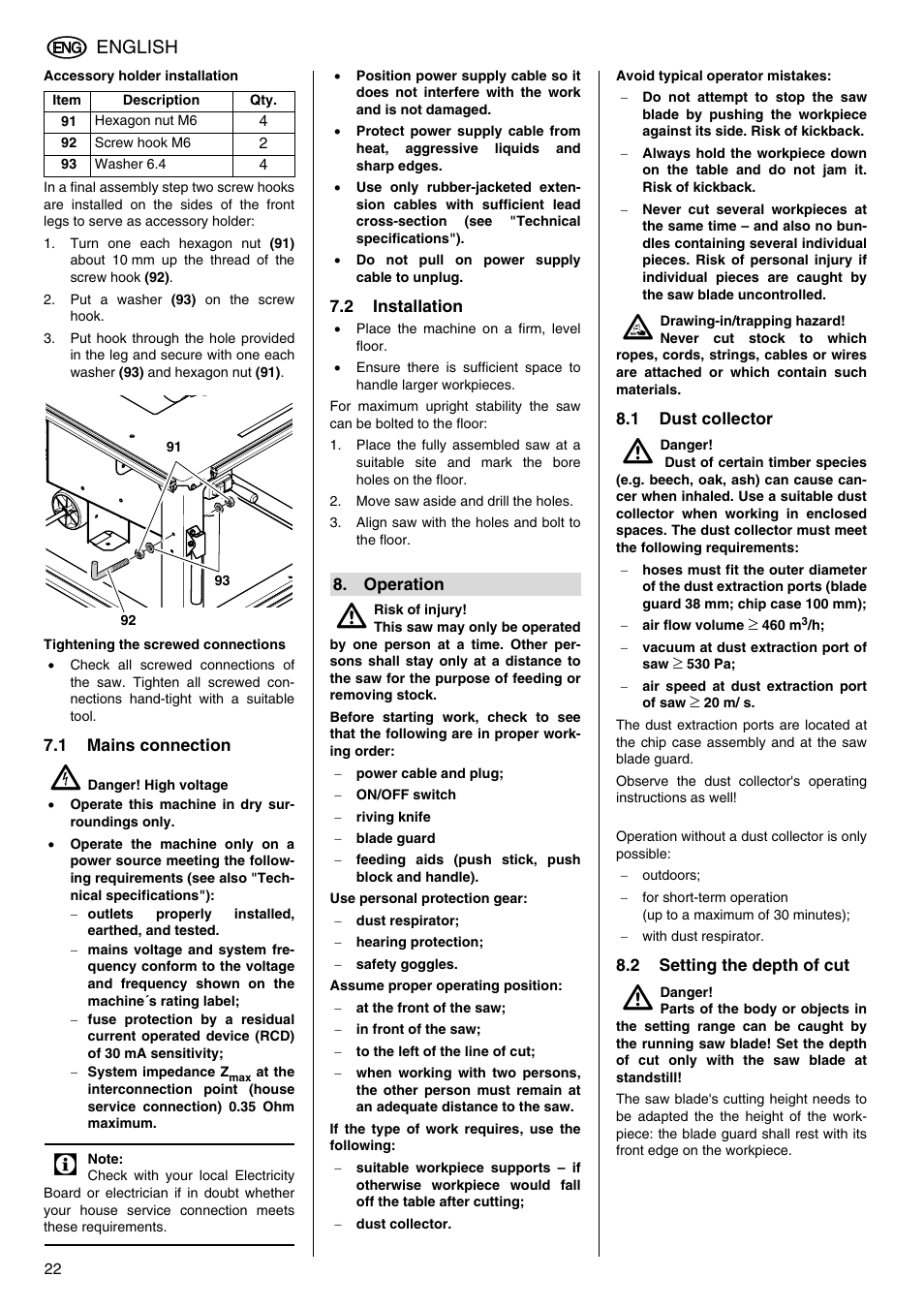 Accessory holder installation, Tightening the screwed connections, 1 mains connection | 2 installation, Operation, 1 dust collector, 2 setting the depth of cut, English | Elektra Beckum TKHS 315 C User Manual | Page 10 / 15