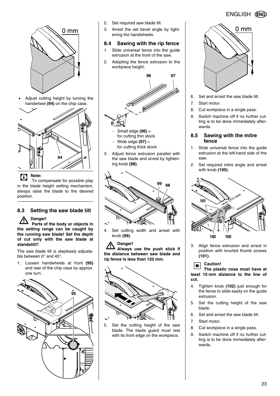 3 setting the saw blade tilt, 4 sawing with the rip fence, 5 sawing with the mitre fence | English | Elektra Beckum TKHS 315 C User Manual | Page 11 / 15