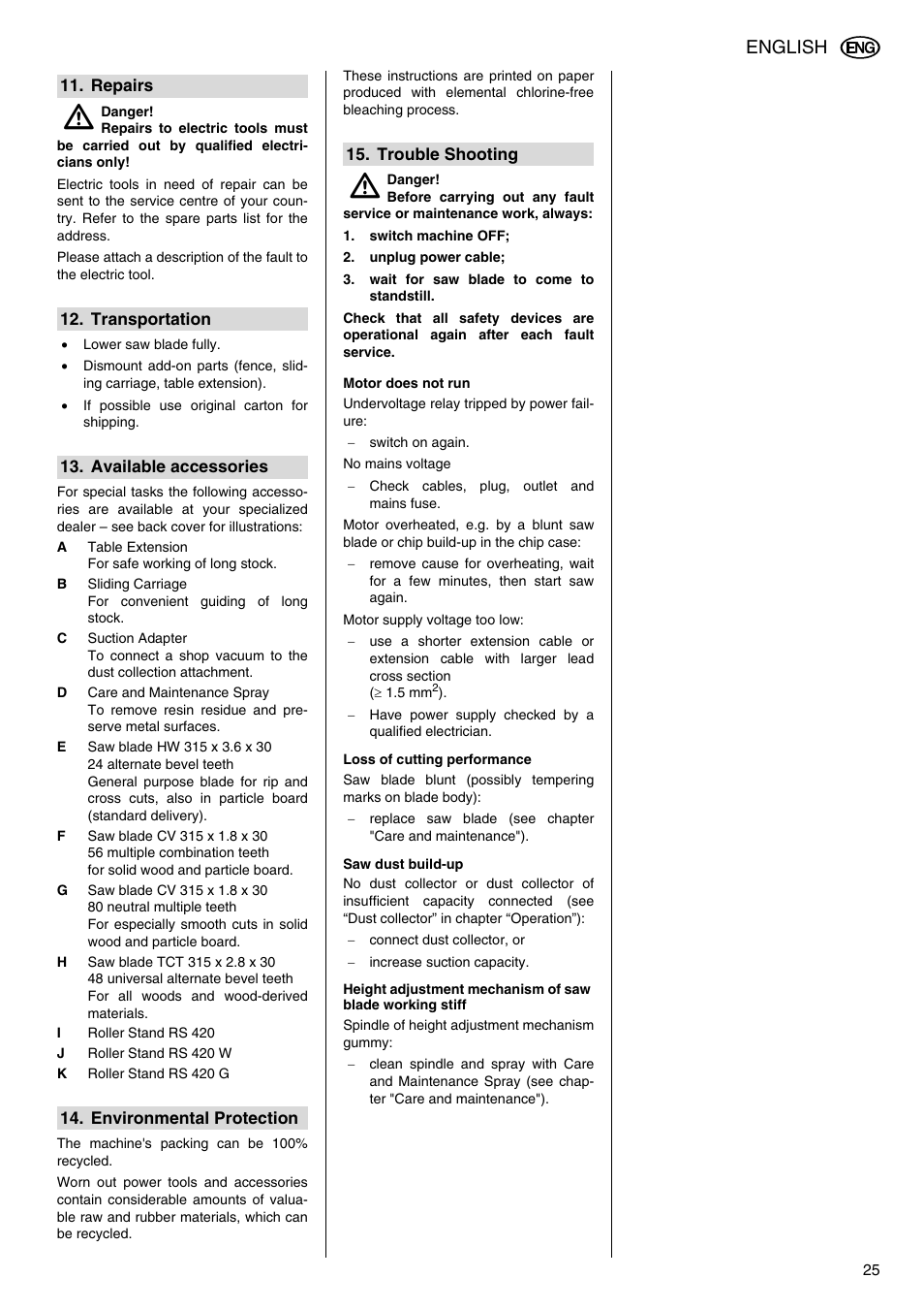 Repairs, Transportation, Available accessories | Environmental protection, Trouble shooting, Motor does not run, Loss of cutting performance, Saw dust build-up, Available accessories /67, English | Elektra Beckum TKHS 315 C User Manual | Page 13 / 15