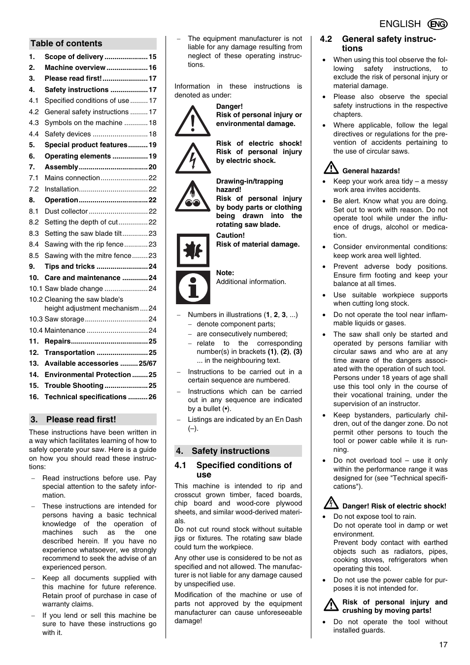 Please read first, Safety instructions, 1 specified conditions of use | 2 general safety instructions, English | Elektra Beckum TKHS 315 C User Manual | Page 5 / 15