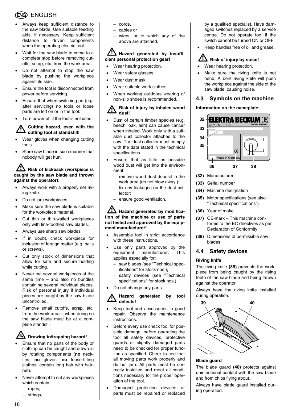 3 symbols on the machine, Information on the nameplate, 4 safety devices | Riving knife, Blade guard, English | Elektra Beckum TKHS 315 C User Manual | Page 6 / 15