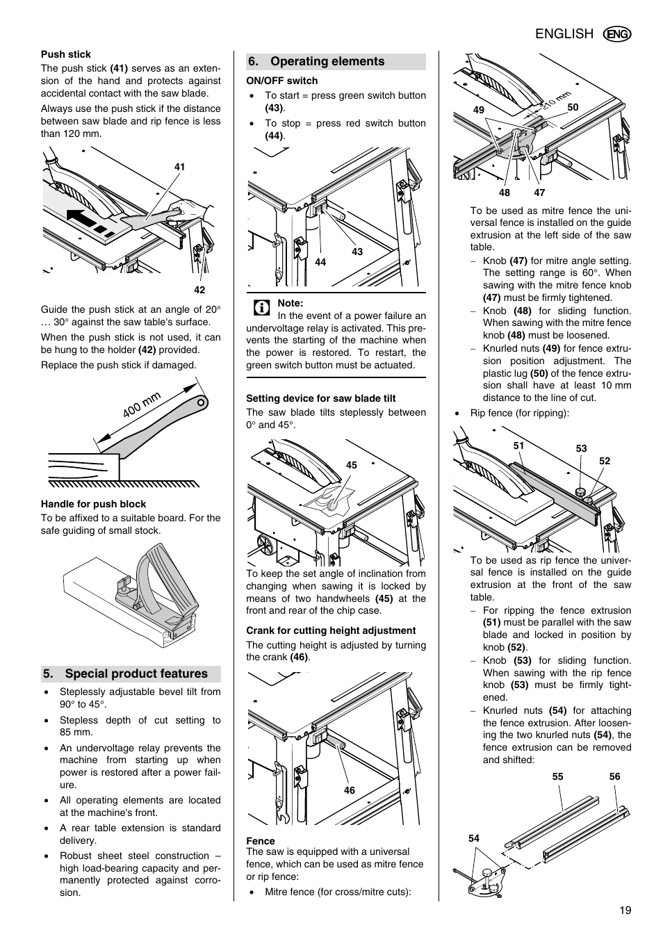 Push stick, Handle for push block, Special product features | Operating elements, On/off switch, Setting device for saw blade tilt, Crank for cutting height adjustment, Fence, English | Elektra Beckum TKHS 315 C User Manual | Page 7 / 15