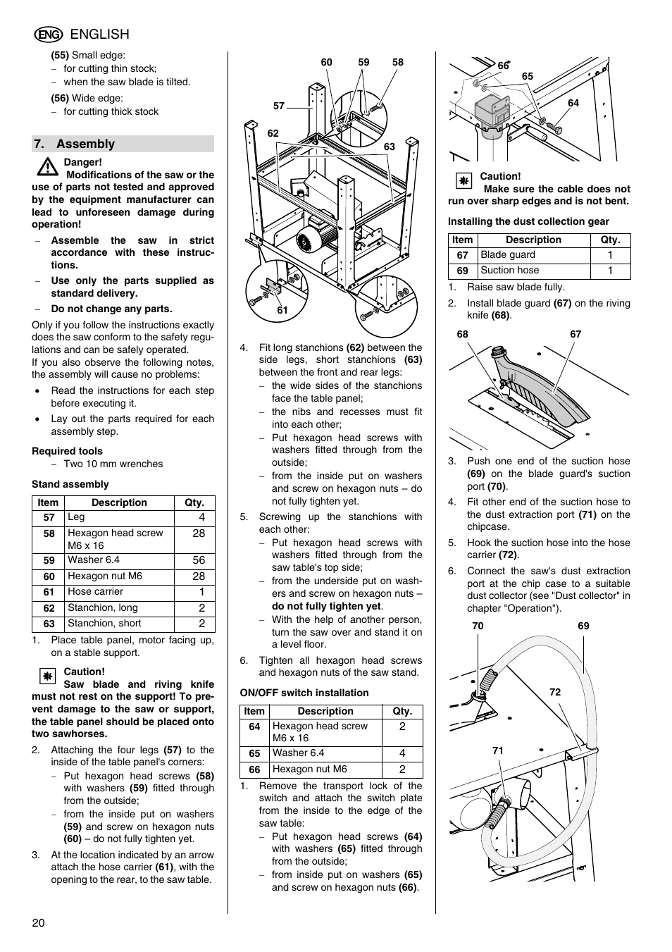 Assembly, Required tools, Stand assembly | On/off switch installation, Installing the dust collection gear, English | Elektra Beckum TKHS 315 C User Manual | Page 8 / 15