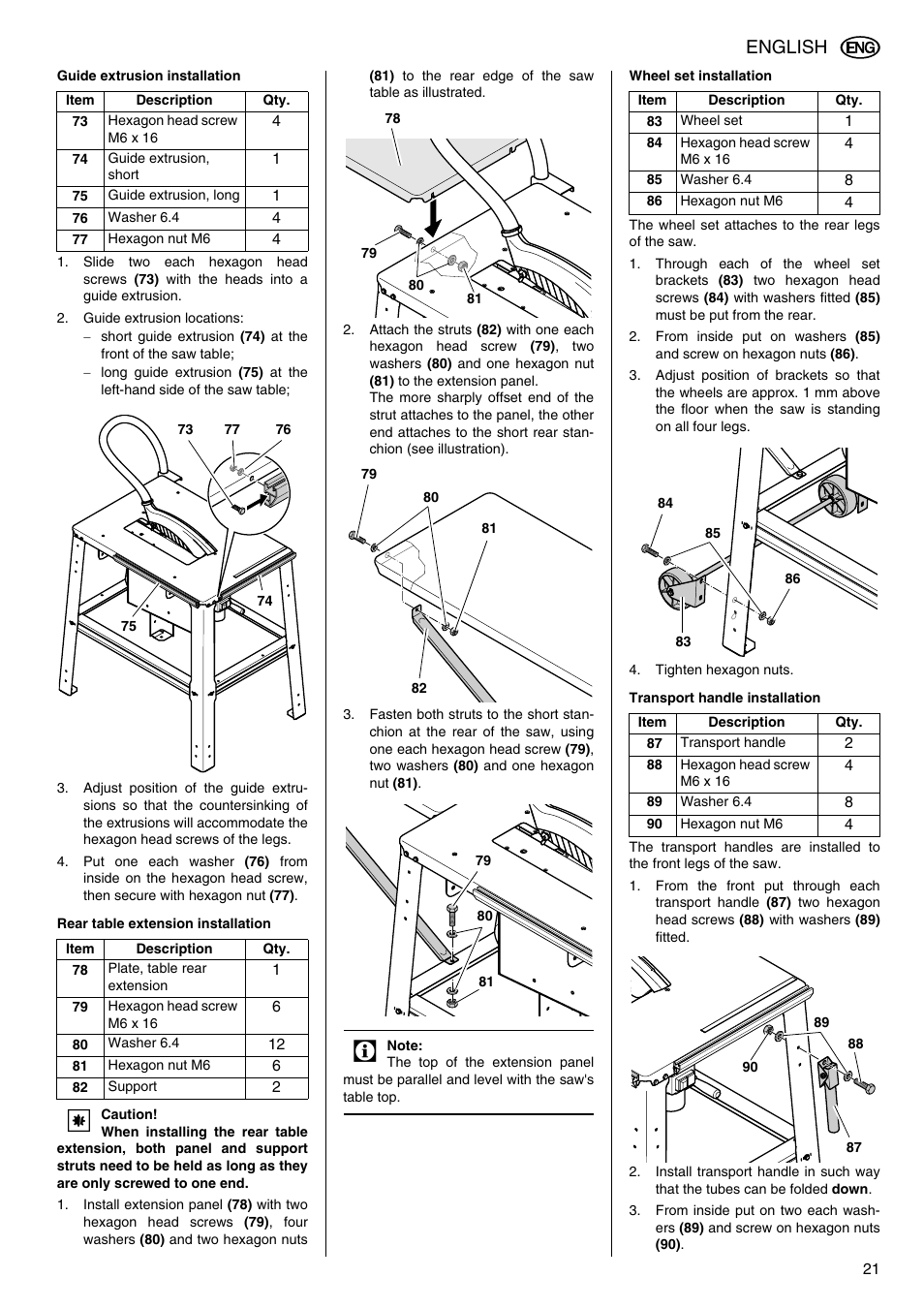 Guide extrusion installation, Rear table extension installation, Wheel set installation | Transport handle installation, English | Elektra Beckum TKHS 315 C User Manual | Page 9 / 15