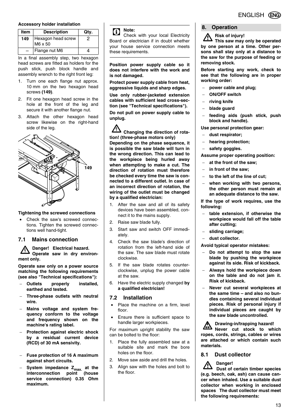 1 mains connection, 2 installation, Operation | 1 dust collector, English | Elektra Beckum TKHS 315 (AUS) User Manual | Page 13 / 20