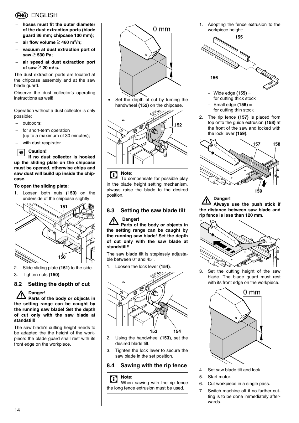 2 setting the depth of cut, 3 setting the saw blade tilt, 4 sawing with the rip fence | English | Elektra Beckum TKHS 315 (AUS) User Manual | Page 14 / 20