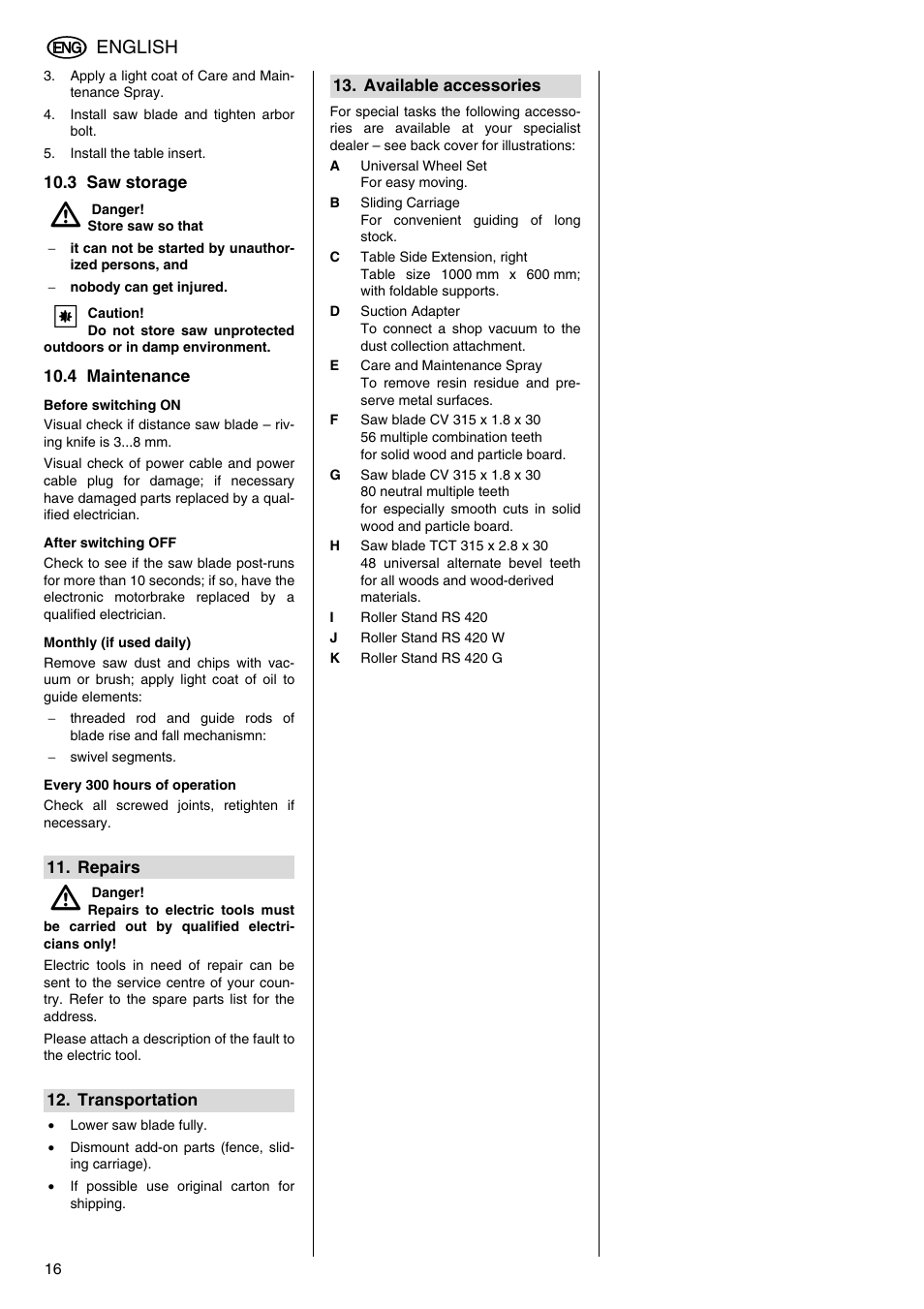 3 saw storage, 4 maintenance, Repairs | Transportation, Available accessories /19, English | Elektra Beckum TKHS 315 (AUS) User Manual | Page 16 / 20
