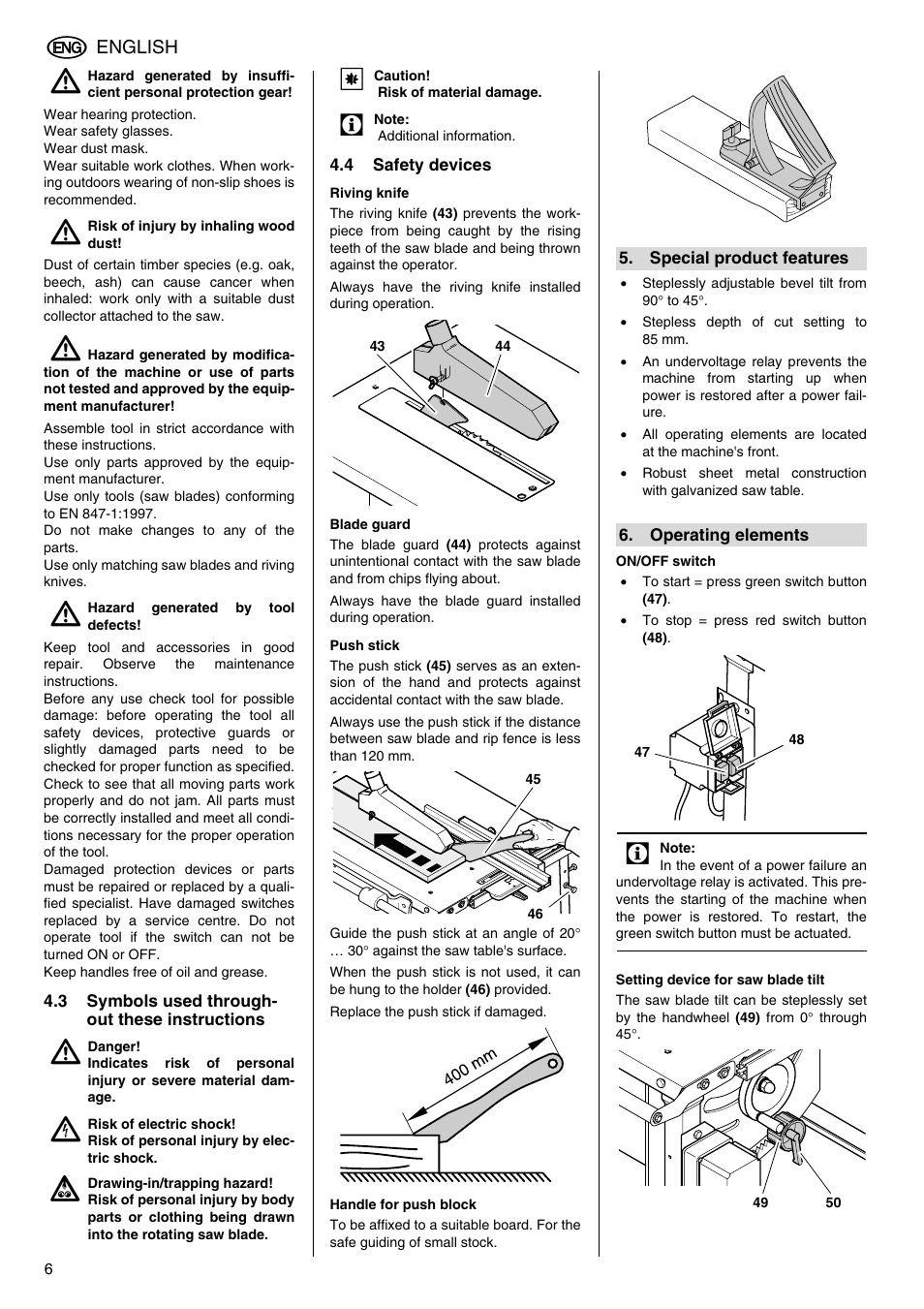 3 symbols used throughout, These instructions, 4 safety devices | Special product features, Operating elements | Elektra Beckum TKHS 315 (AUS) User Manual | Page 6 / 20