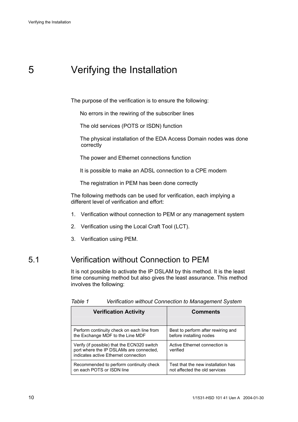 5verifying the installation, 1 verification without connection to pem | Ericsson EDN312 User Manual | Page 14 / 20