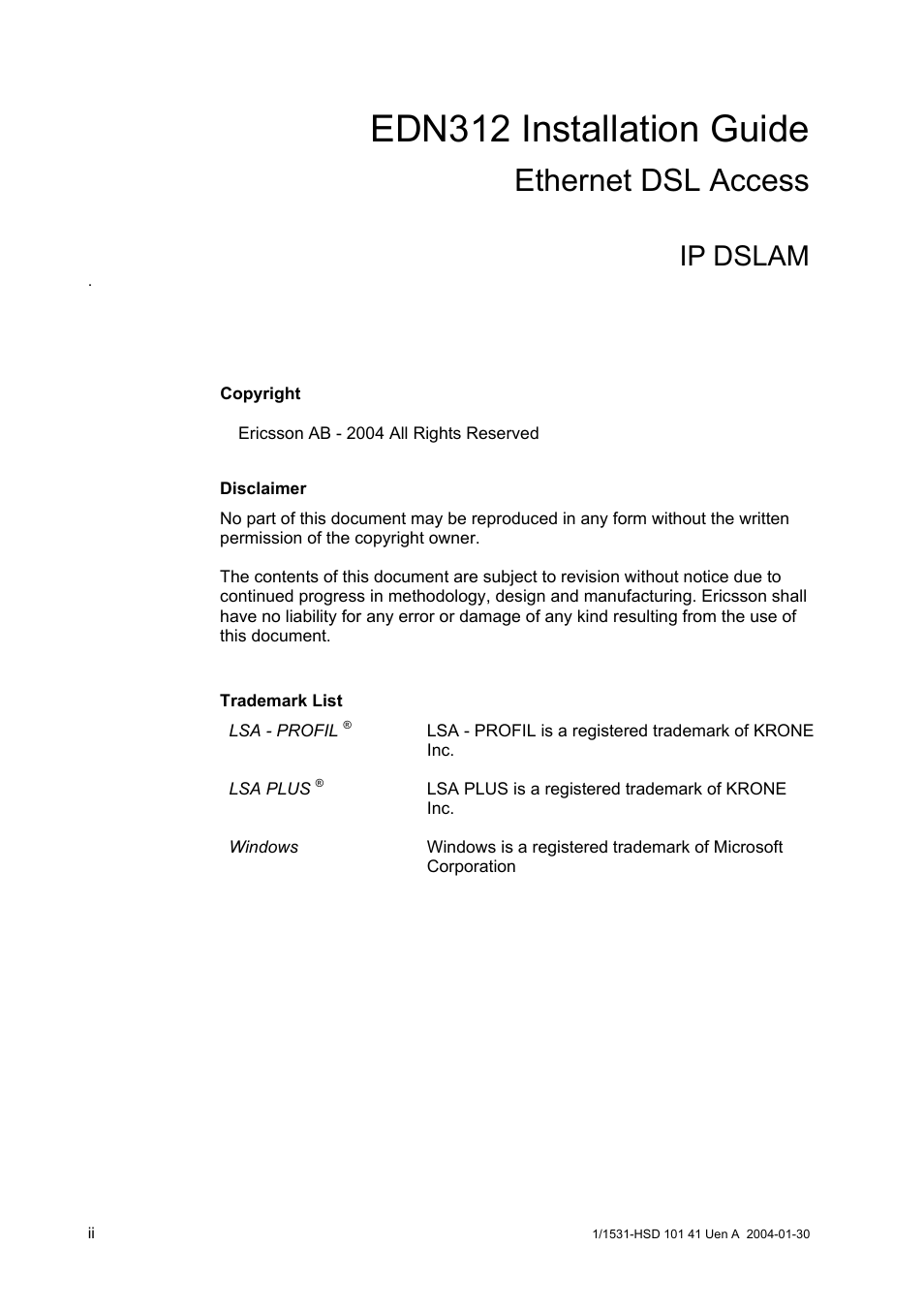 Edn312 installation guide, Ethernet dsl access, Ip dslam | Ericsson EDN312 User Manual | Page 2 / 20