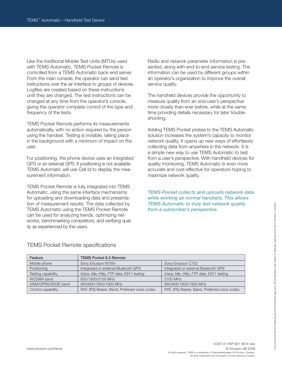 Tems pocket remote specifications | Ericsson TEMS WCDMA User Manual | Page 2 / 2