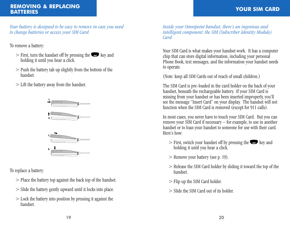 Removing & replacing batteries, Your sim card | Ericsson CF388 User Manual | Page 13 / 36