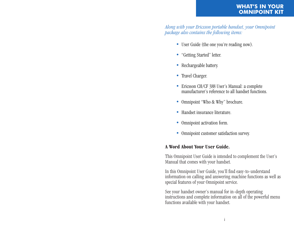 What's in your omnipoint kit | Ericsson CF388 User Manual | Page 2 / 36