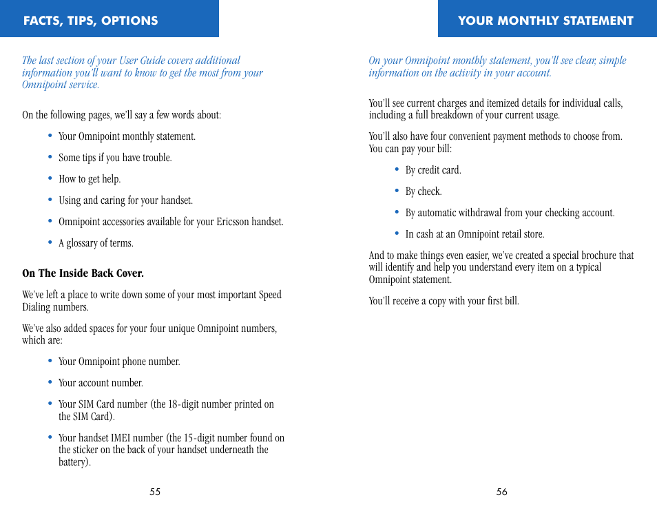 Facts, tips, options, Your monthly statement | Ericsson CF388 User Manual | Page 31 / 36