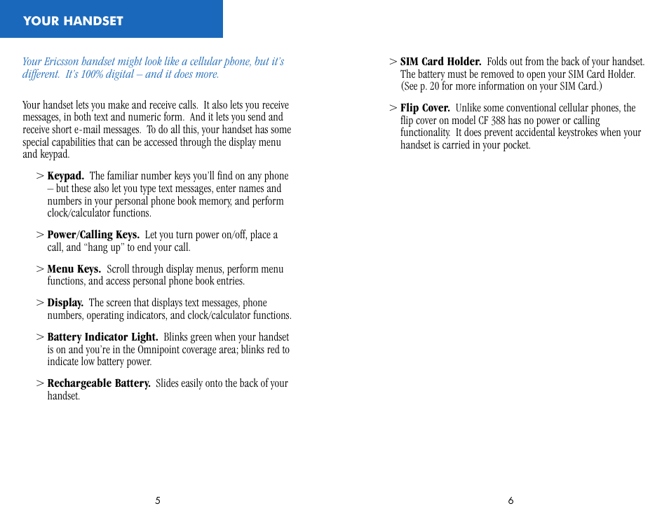 Your handset | Ericsson CF388 User Manual | Page 6 / 36