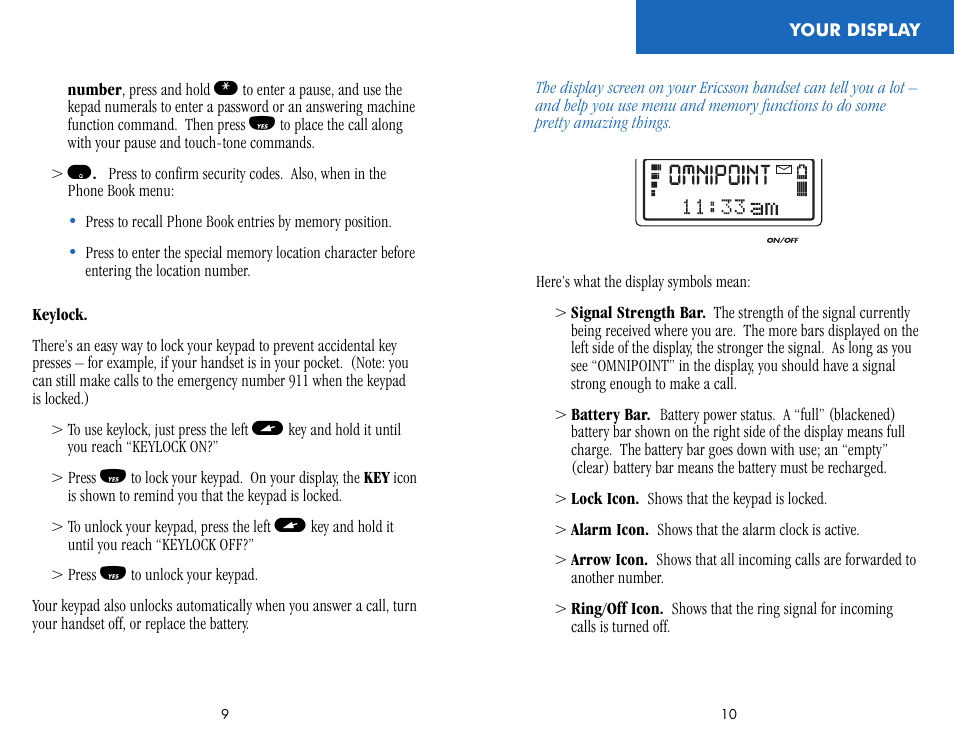 Your display | Ericsson CF388 User Manual | Page 8 / 36