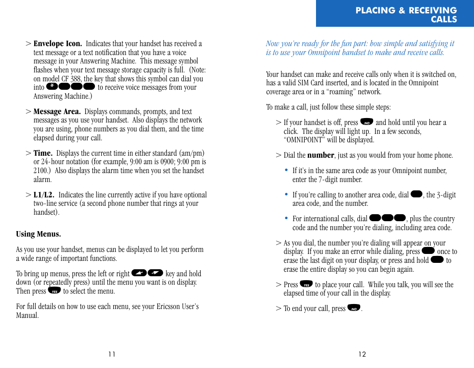 Placing & receiving calls | Ericsson CF388 User Manual | Page 9 / 36