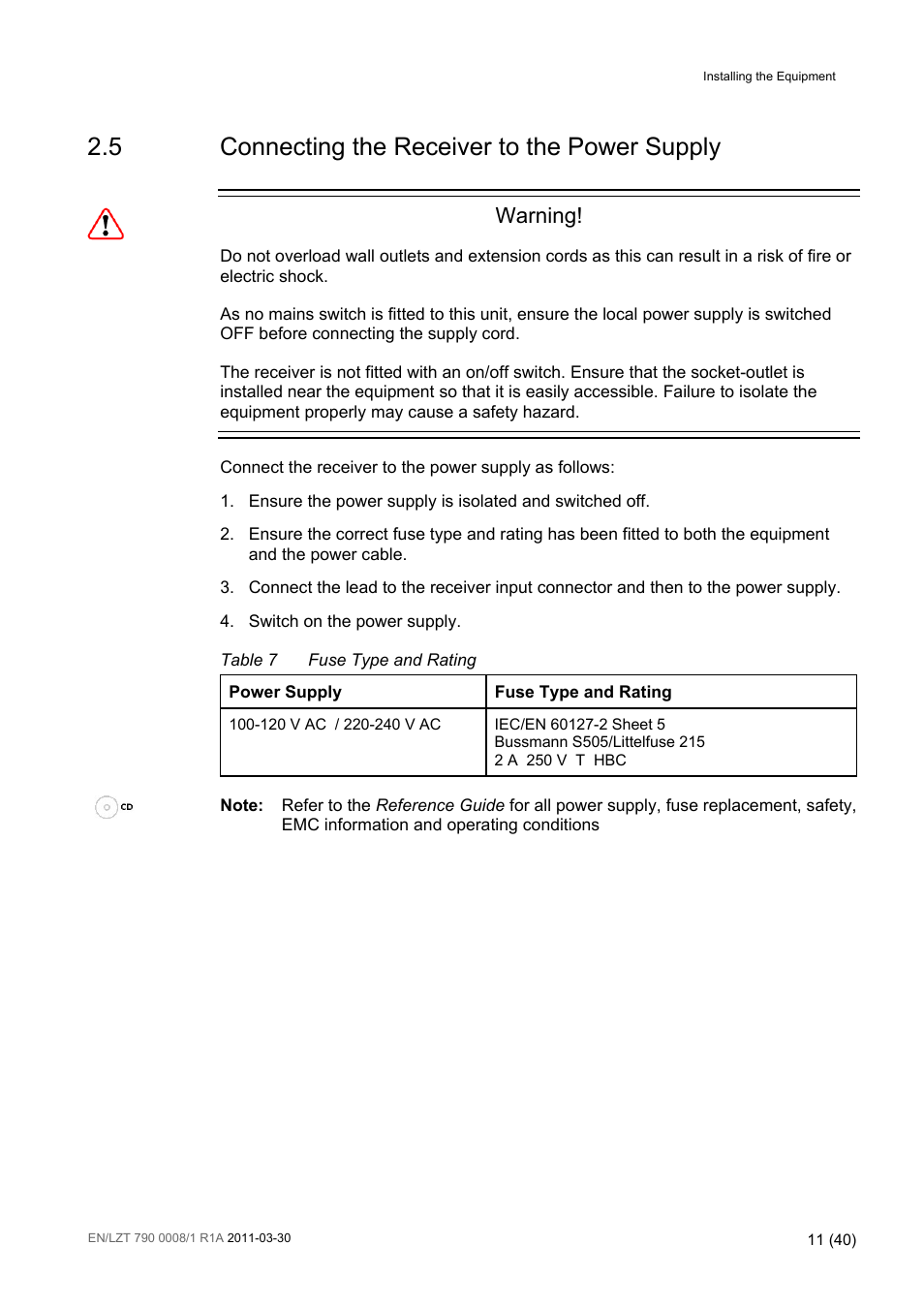 5 connecting the receiver to the power supply, Connecting the receiver to the power supply, Table 7 | Fuse type and rating, Warning | Ericsson Distribution Receivers RX8315 User Manual | Page 11 / 40