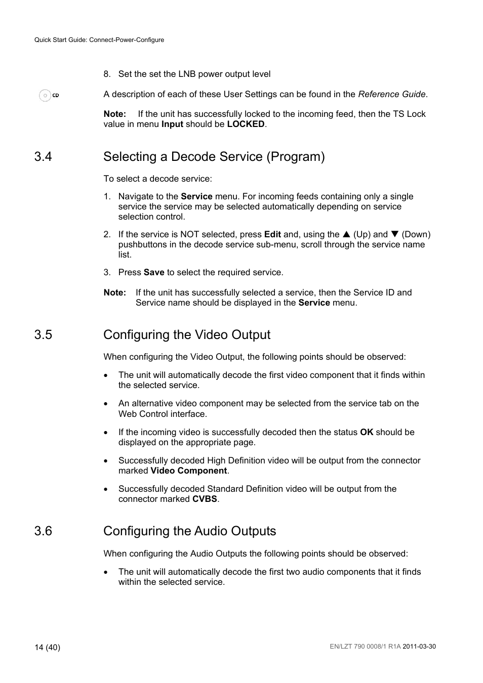 4 selecting a decode service (program), 5 configuring the video output, 6 configuring the audio outputs | Selecting a decode service (program), Configuring the video output, Configuring the audio outputs | Ericsson Distribution Receivers RX8315 User Manual | Page 14 / 40