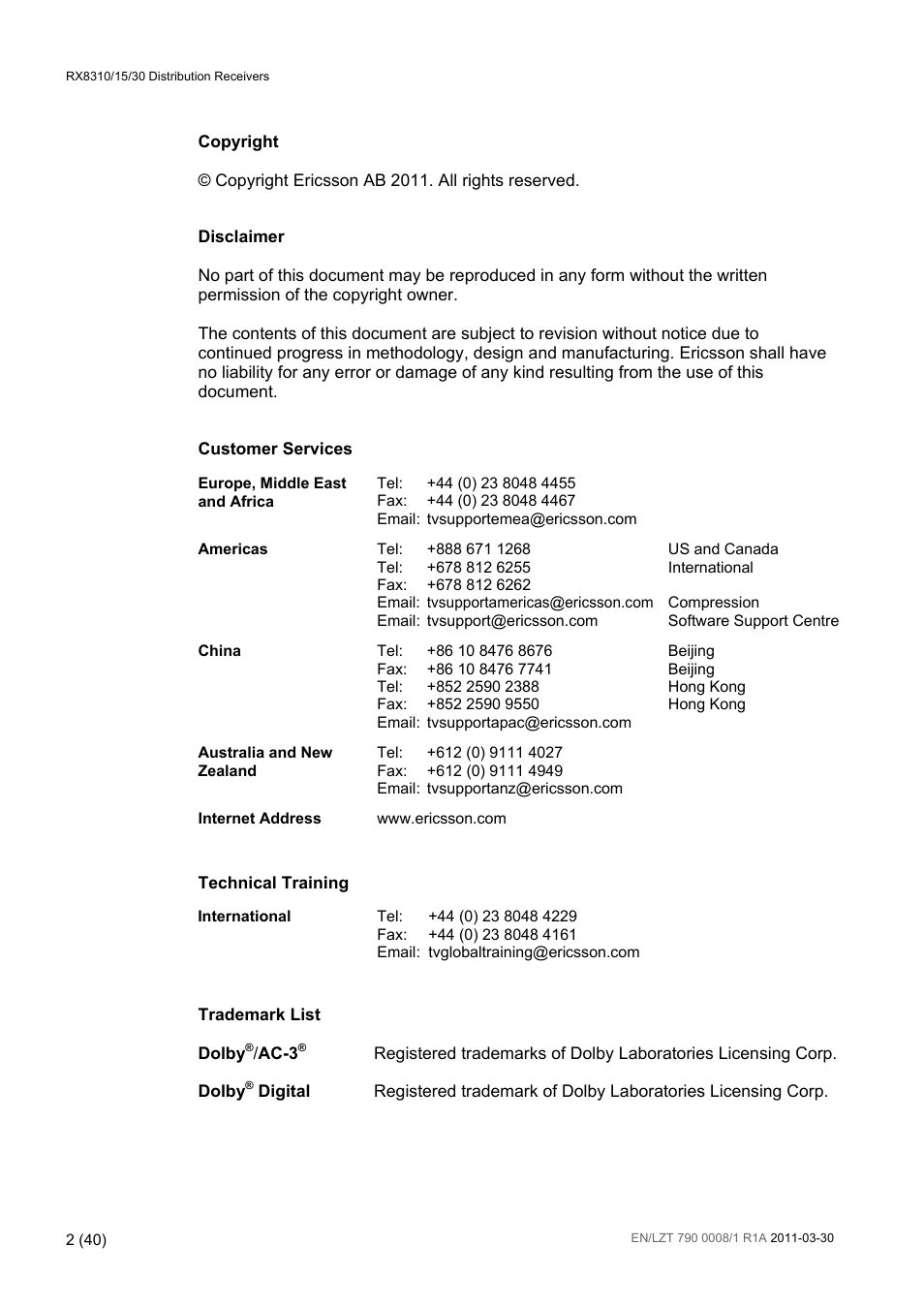 Ericsson Distribution Receivers RX8315 User Manual | Page 2 / 40