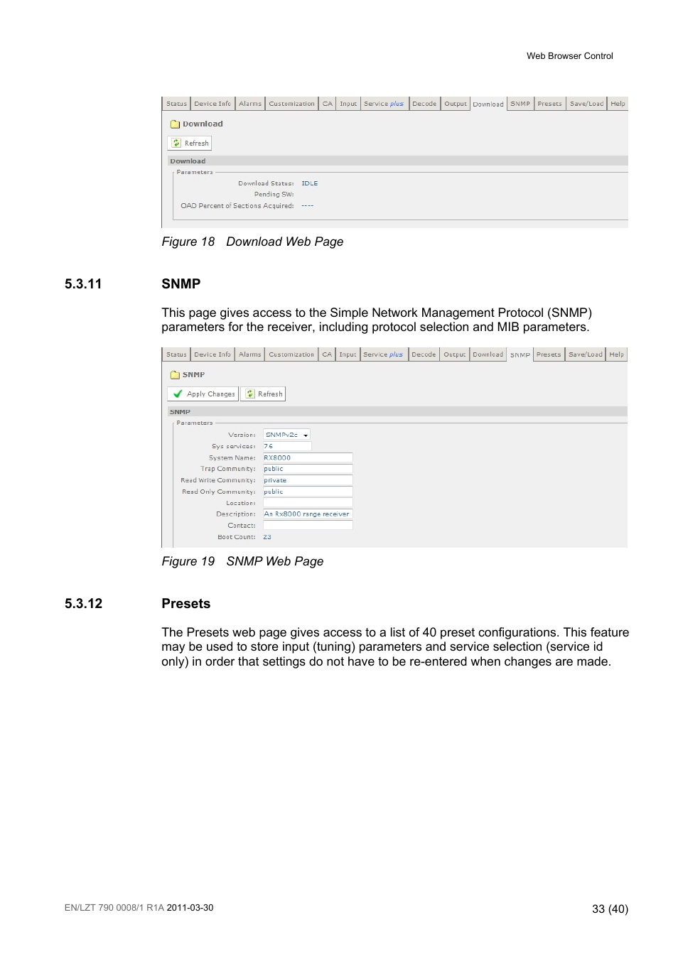 Figure 18, Figure 19, 11 snmp | 12 presets | Ericsson Distribution Receivers RX8315 User Manual | Page 33 / 40