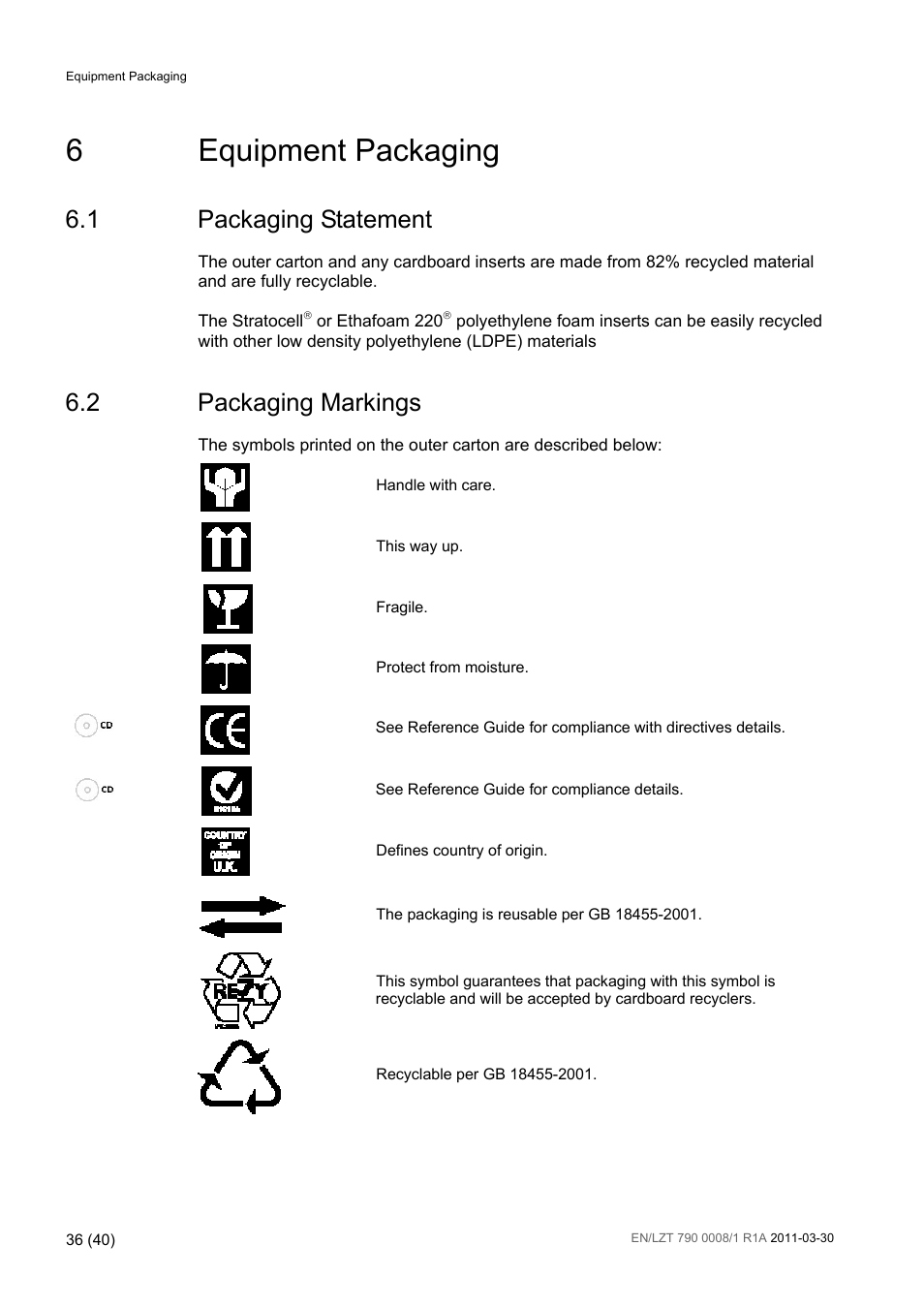 6 equipment packaging, 1 packaging statement, 2 packaging markings | Equipment packaging, Packaging statement, Packaging markings, 6equipment packaging | Ericsson Distribution Receivers RX8315 User Manual | Page 36 / 40