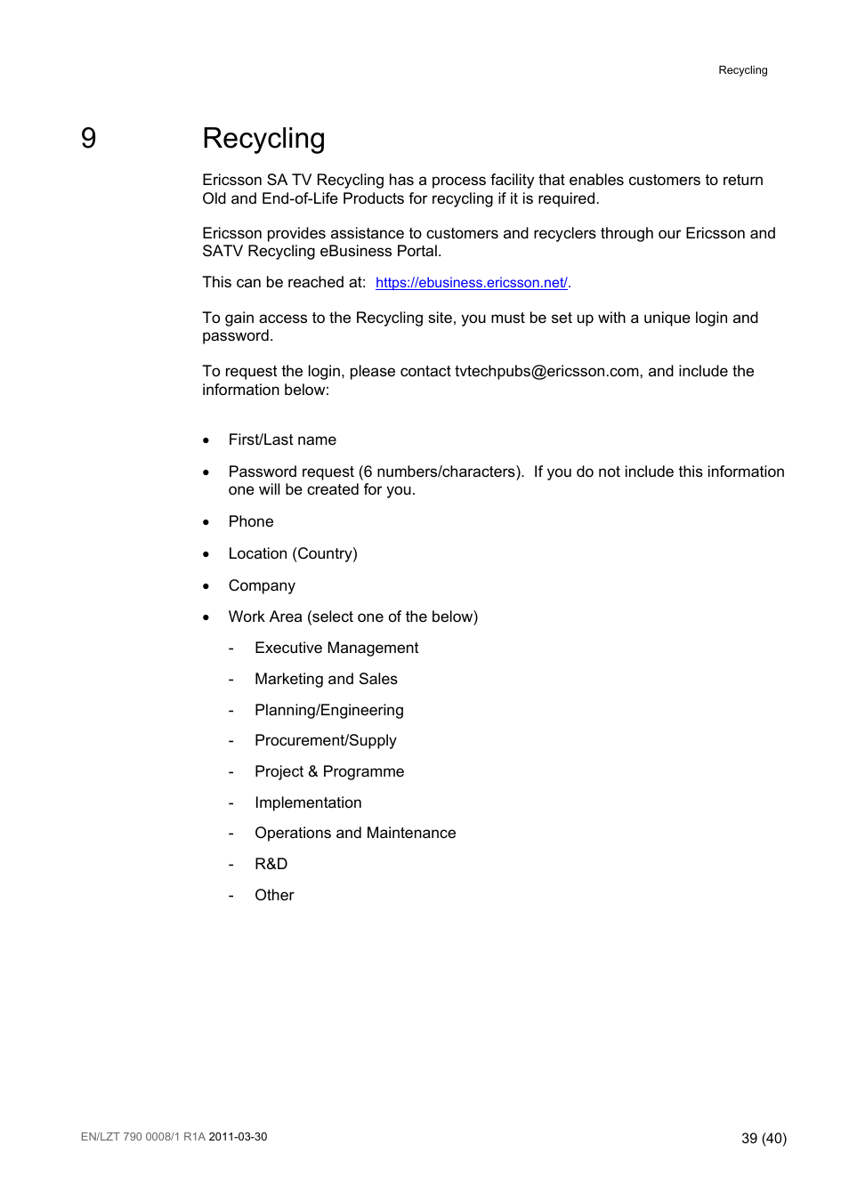 9 recycling, Recycling, 9recycling | Ericsson Distribution Receivers RX8315 User Manual | Page 39 / 40