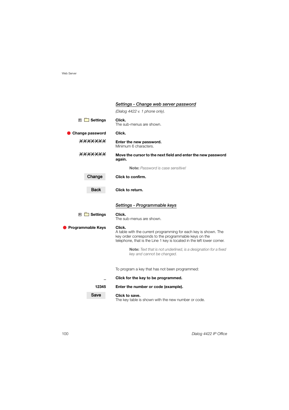 Settings - change web server, Password | Ericsson DIALOG 4422 User Manual | Page 100 / 116