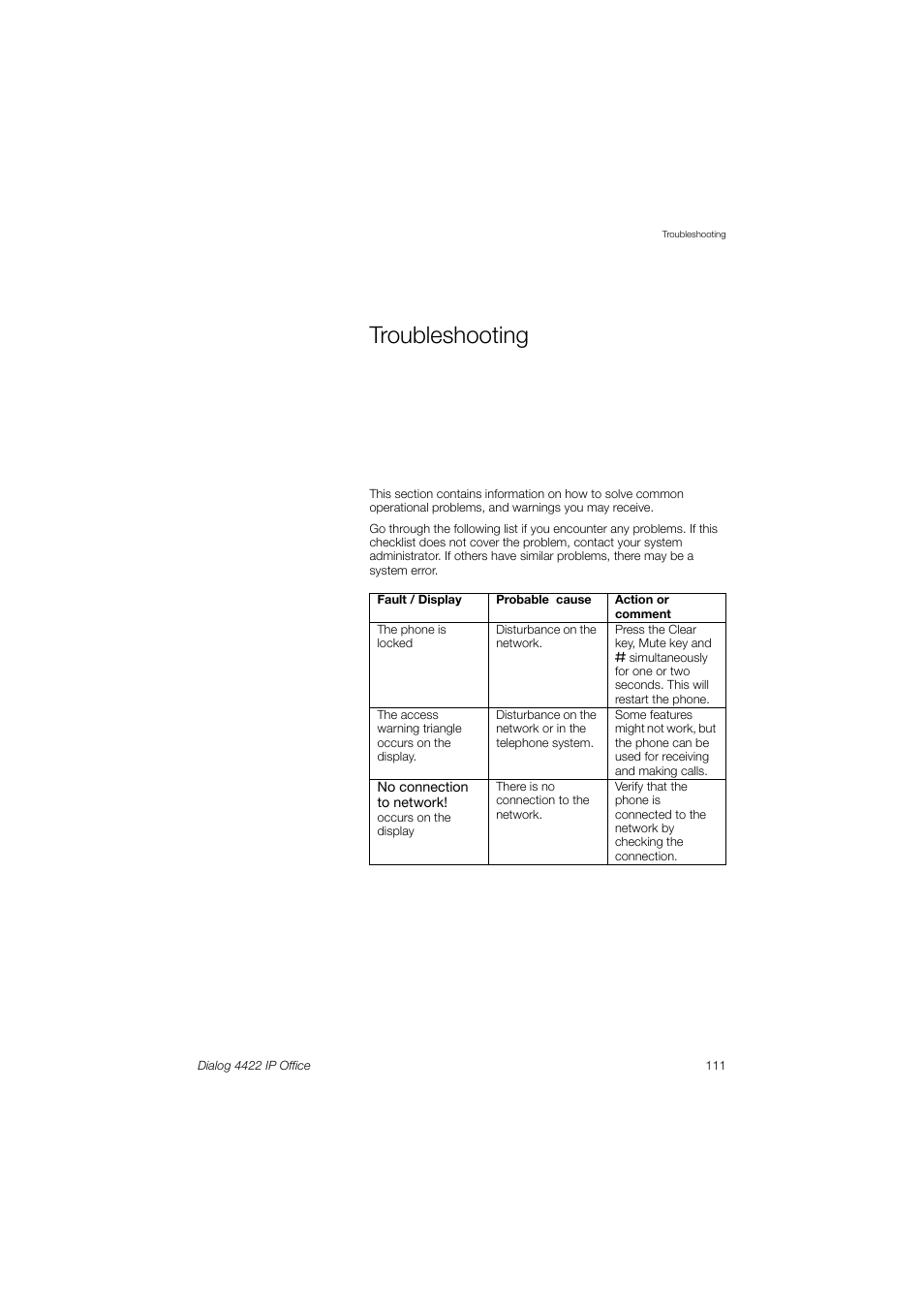 Troubleshooting, Section | Ericsson DIALOG 4422 User Manual | Page 111 / 116