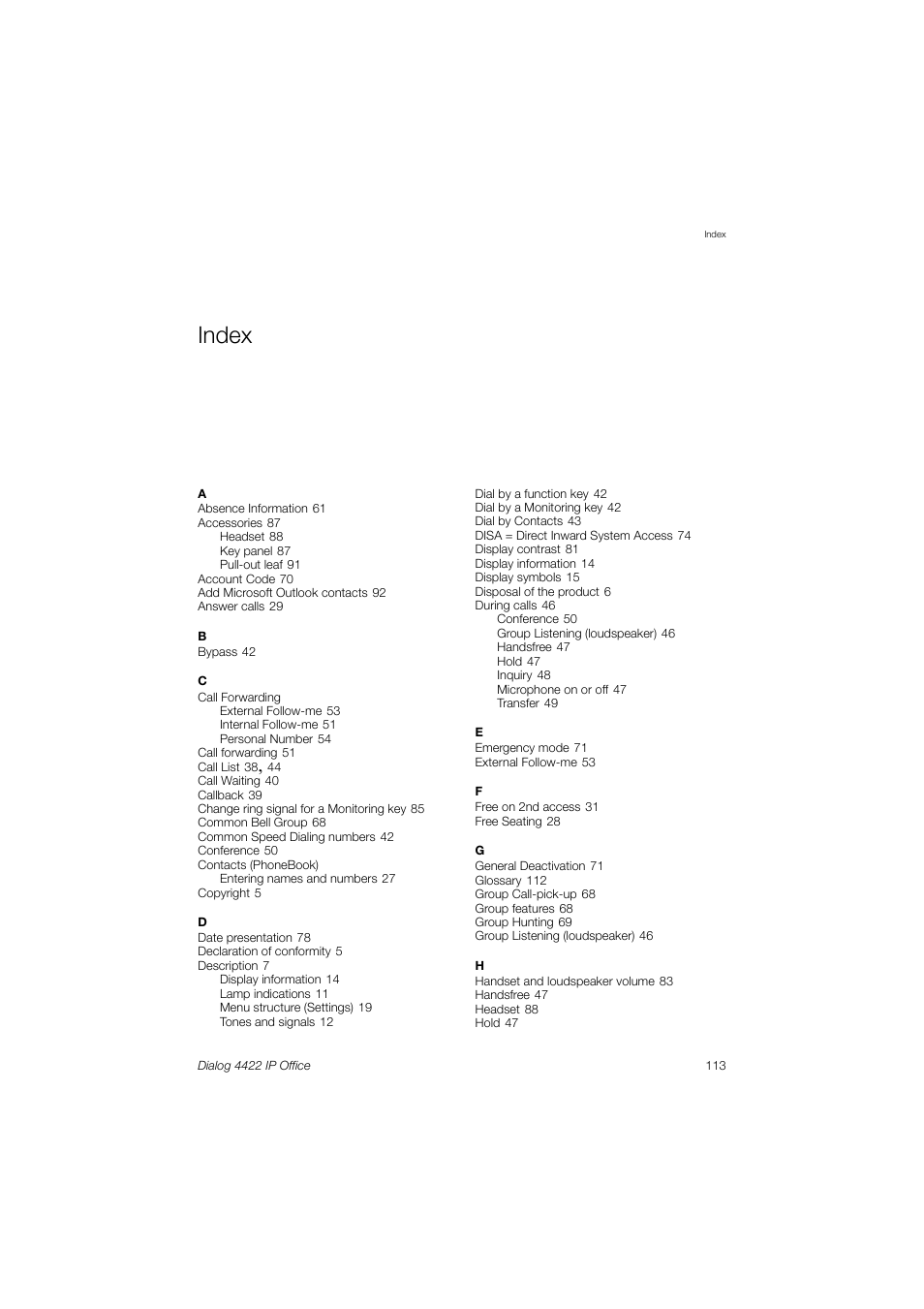 Index | Ericsson DIALOG 4422 User Manual | Page 113 / 116