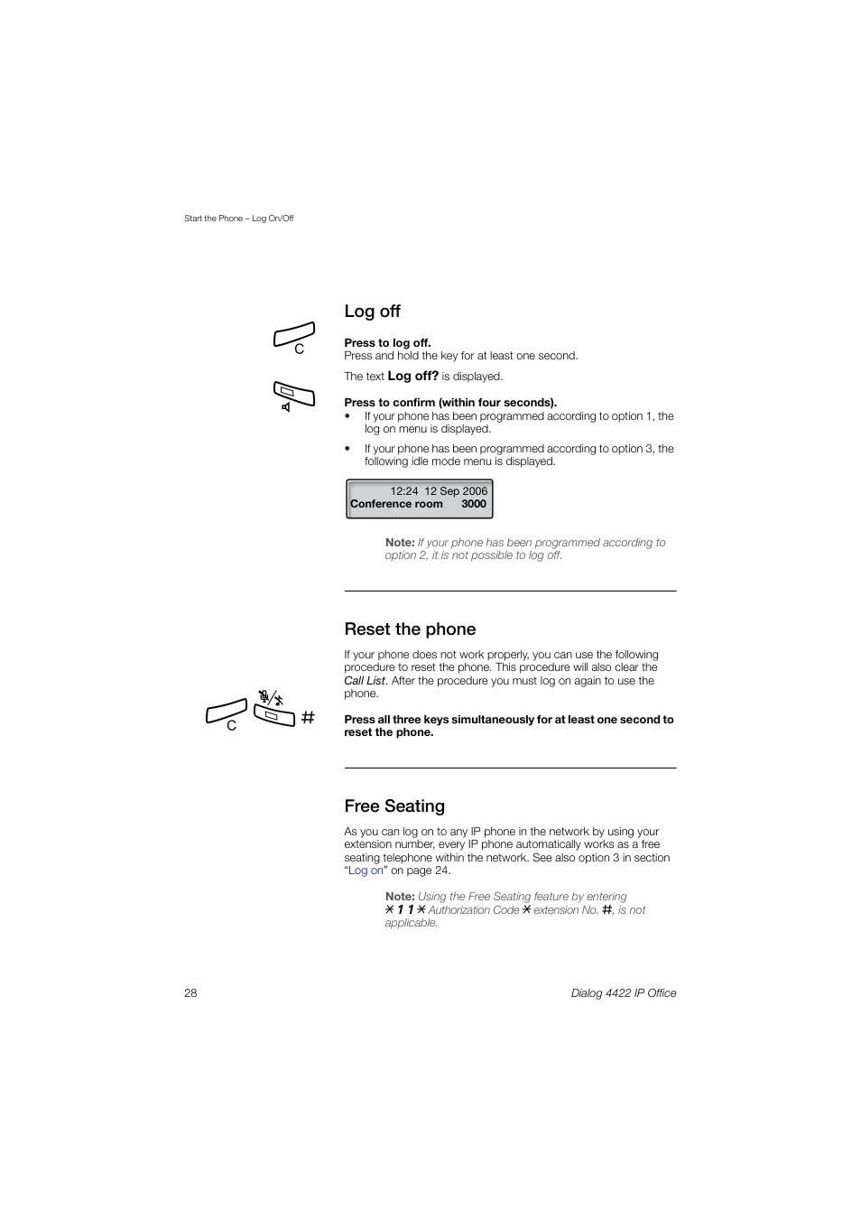 Log off, Reset the phone, Free seating | Ericsson DIALOG 4422 User Manual | Page 28 / 116