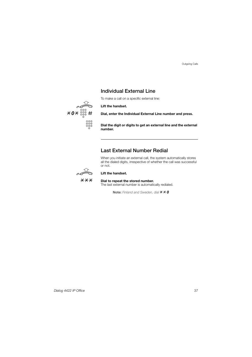 Individual external line, Last external number redial, 0* z | Ericsson DIALOG 4422 User Manual | Page 37 / 116