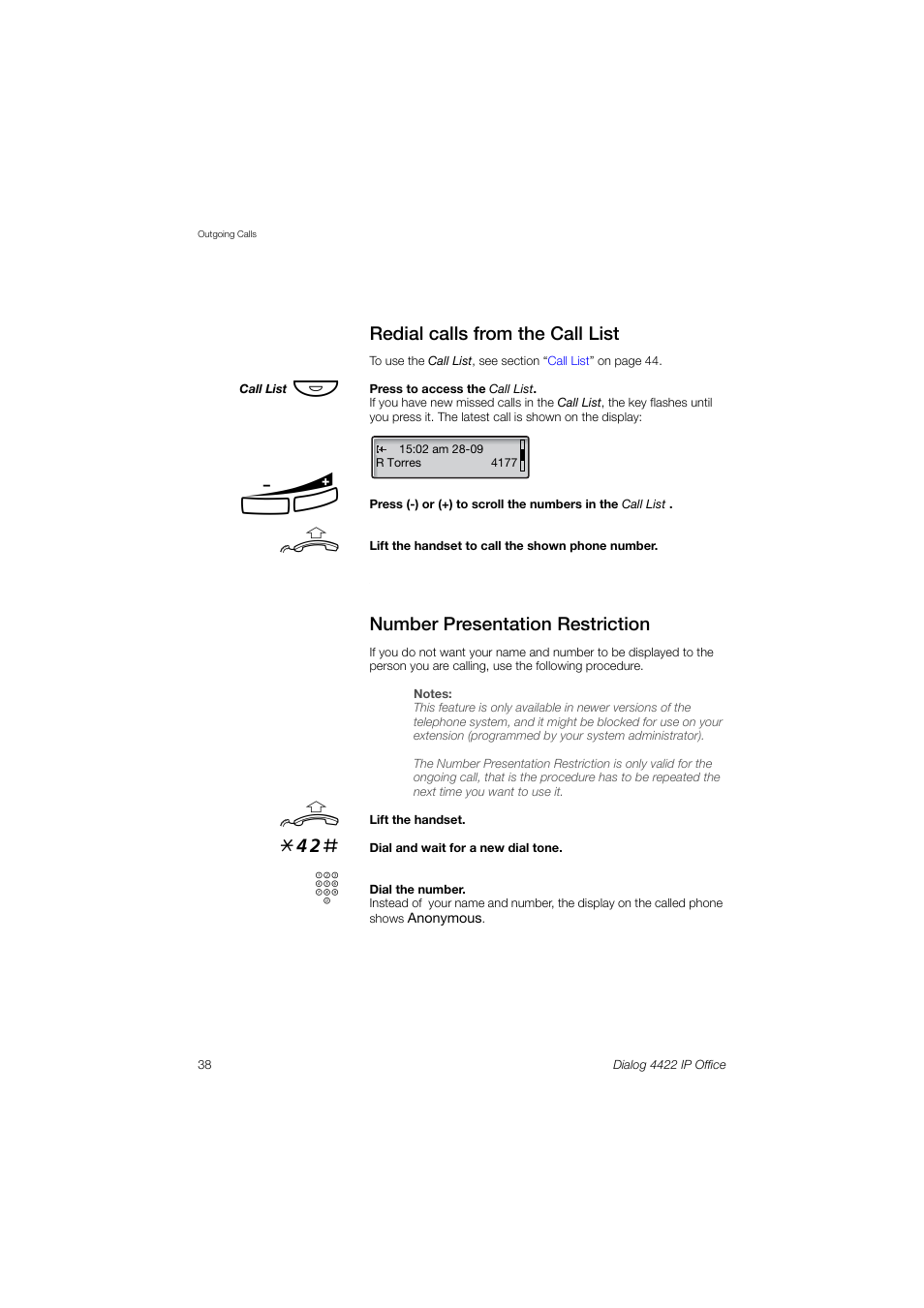 Redial calls from the call list, Number presentation restriction, Ions | Redial calls from the call, List | Ericsson DIALOG 4422 User Manual | Page 38 / 116