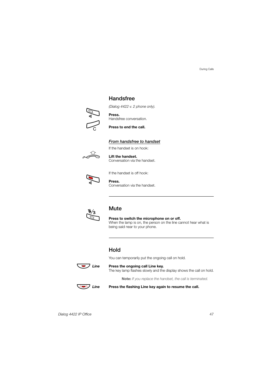 Handsfree, Mute, Hold | Ericsson DIALOG 4422 User Manual | Page 47 / 116