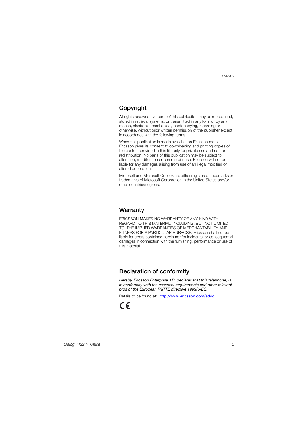 Copyright, Warranty, Declaration of conformity | Ericsson DIALOG 4422 User Manual | Page 5 / 116