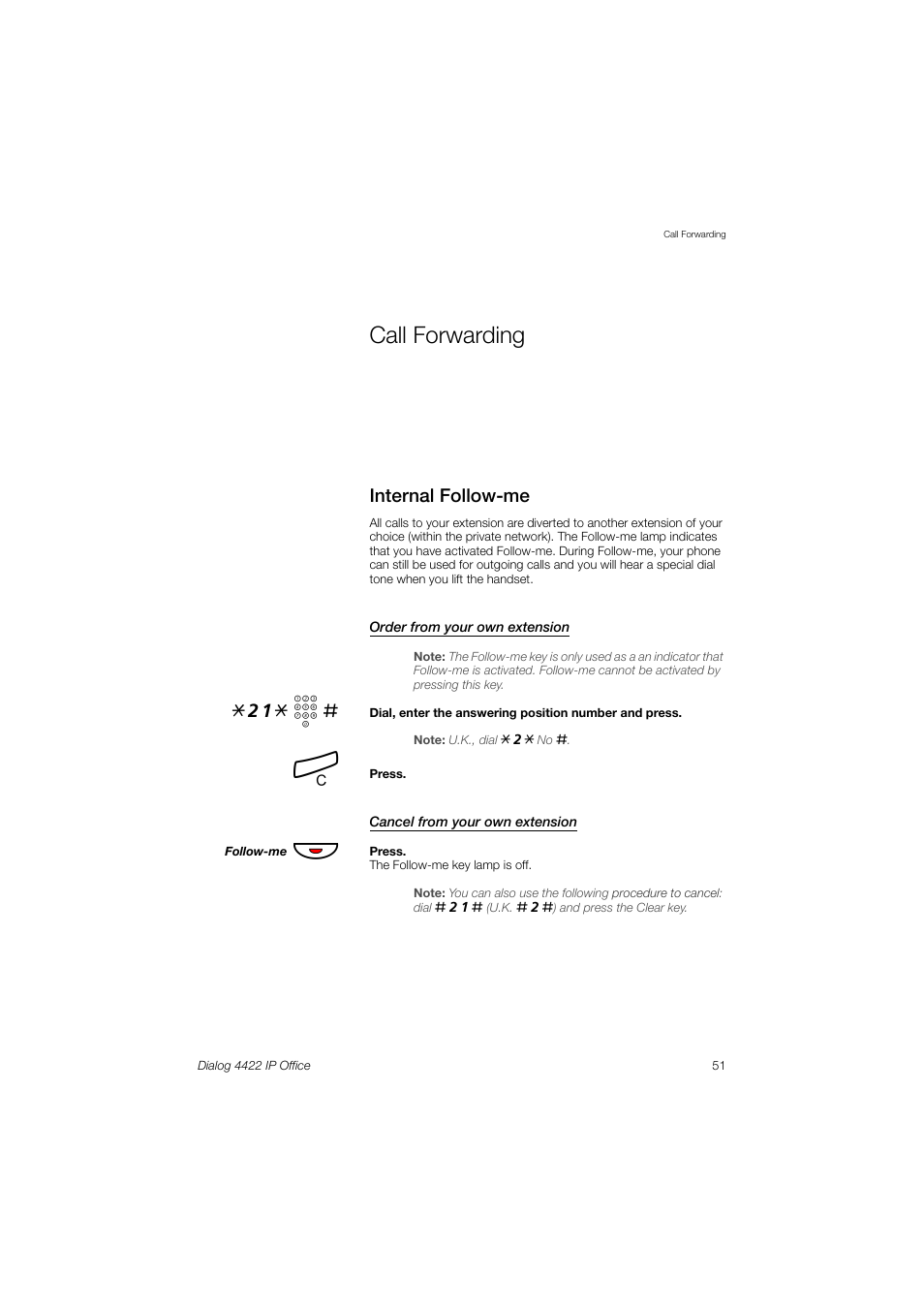 Call forwarding, Internal follow-me, Ction | Internal, Follow-me, 21* z | Ericsson DIALOG 4422 User Manual | Page 51 / 116