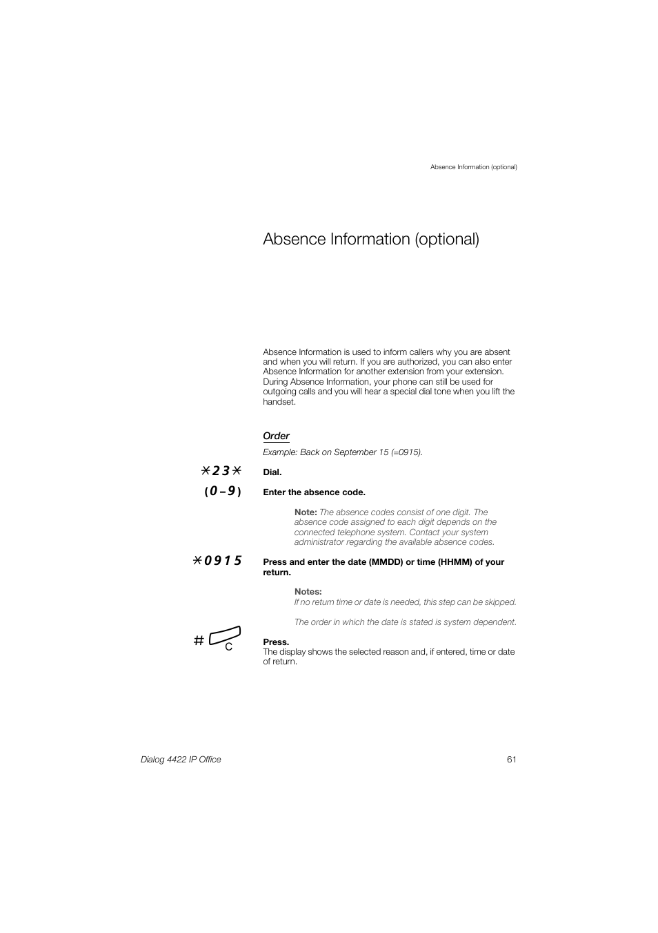 Absence information (optional) | Ericsson DIALOG 4422 User Manual | Page 61 / 116