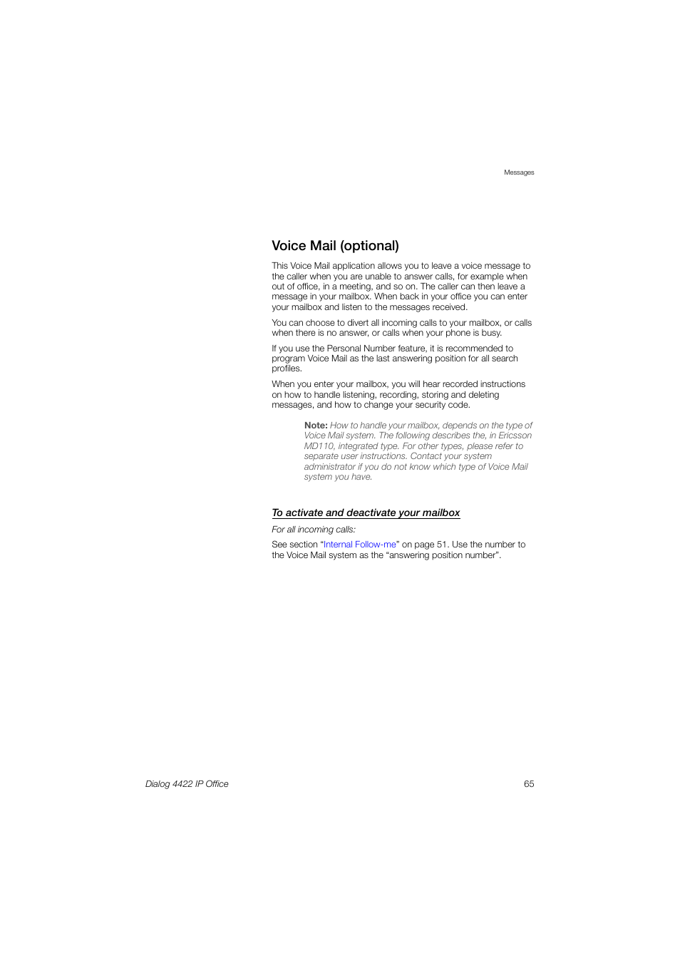 Voice mail (optional) | Ericsson DIALOG 4422 User Manual | Page 65 / 116